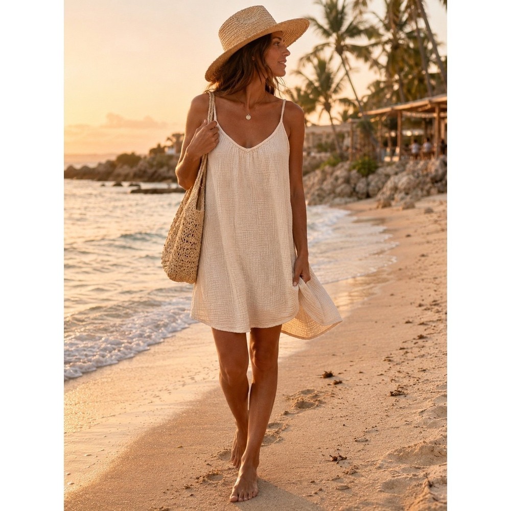 Shade & Shore Gauze Cotton Cover Up Dress Swim Beach Cream Size M 8-10